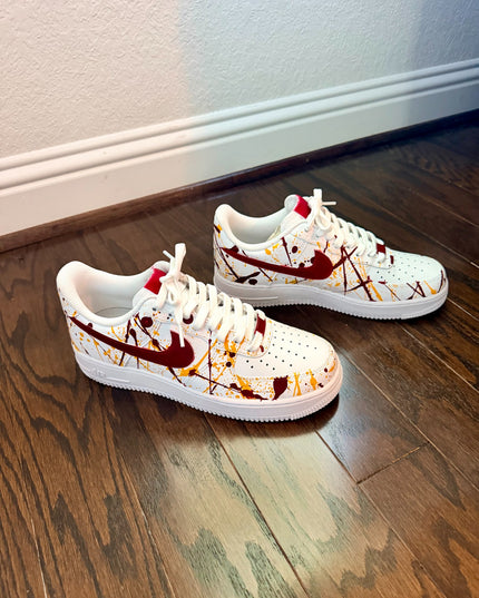 Burgundy & Gold Splatter Custom Air Force 1 Sneakers, view 1