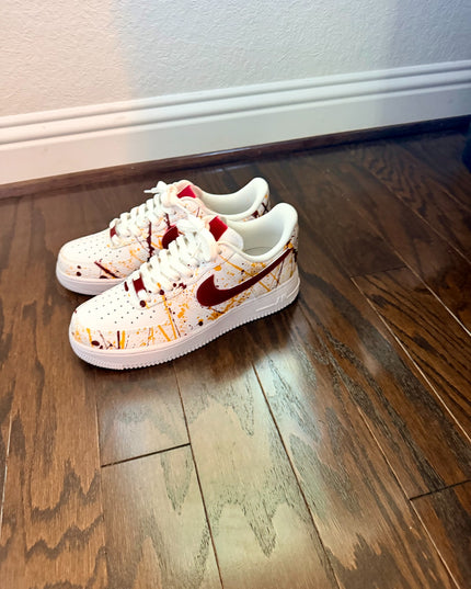 Burgundy & Gold Splatter Custom Air Force 1 Sneakers, view 2