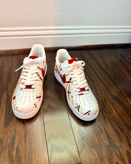 Burgundy & Gold Splatter Custom Air Force 1 Sneakers, view 3