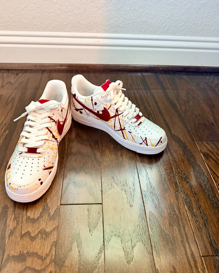 Burgundy & Gold Splatter Custom Air Force 1 Sneakers, view 4