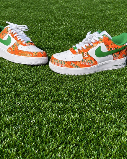Orange & Green FAMU Pattern Custom Air Force 1 Sneakers, view 1