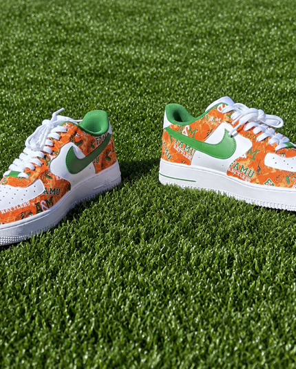 Orange & Green FAMU Pattern Custom Air Force 1 Sneakers, view 2