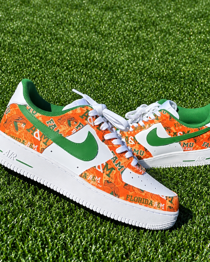 Orange & Green FAMU Pattern Custom Air Force 1 Sneakers, view 3
