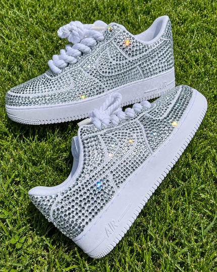 Silver Rhinestone Custom Sneakers with White Rope Laces, view 2