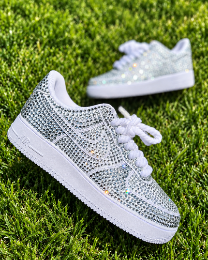 Silver Rhinestone Custom Sneakers with White Rope Laces, view 3
