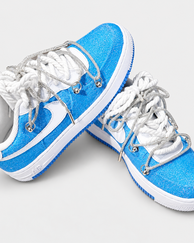 Baby Blue Glitter AF1 on a light gray studio background