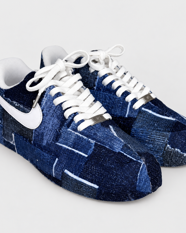 Blue denim plaid custom sneakers on a light gray studio background